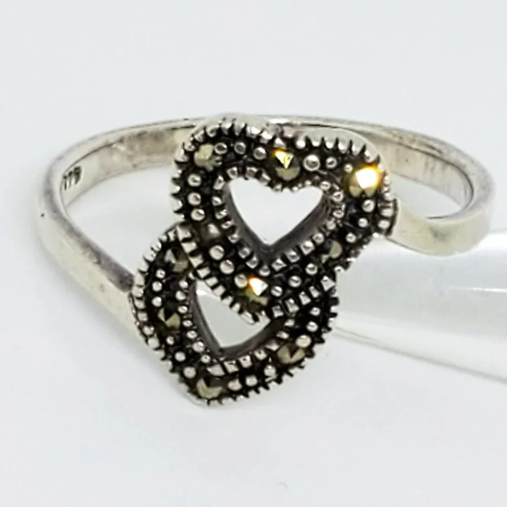 Marsala Co MC Marcasite Double Heart Open Work Sterling Silver Ring